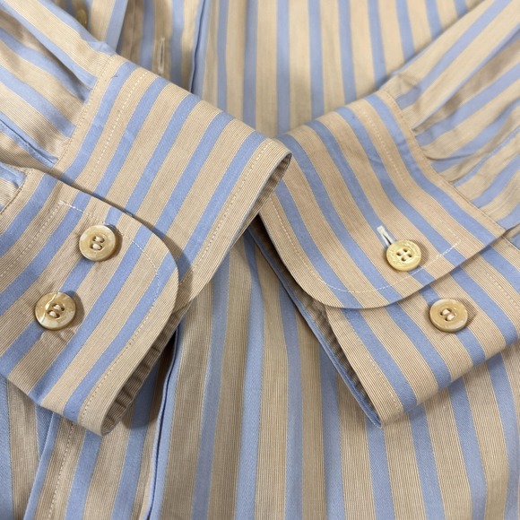 Brioni Shirt Mens 16 Blue Tan Stripe Dress Long Sleeve 100% Cotton Spread Collar - Picture 5 of 16